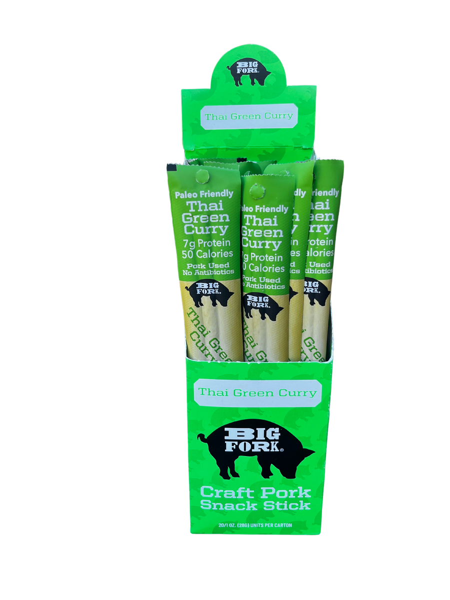 Display case of Thai Green Curry individually wrapped pork snack sticks