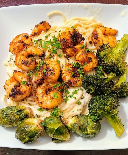 Seasoned shrimp and vegetables illustrating a Kickin Cajun serving idea