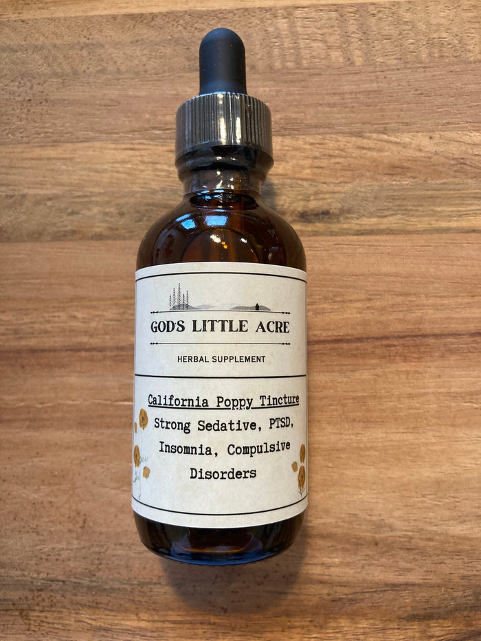 California Poppy Tincture in its amber glass bottle with dropper with supplier branding