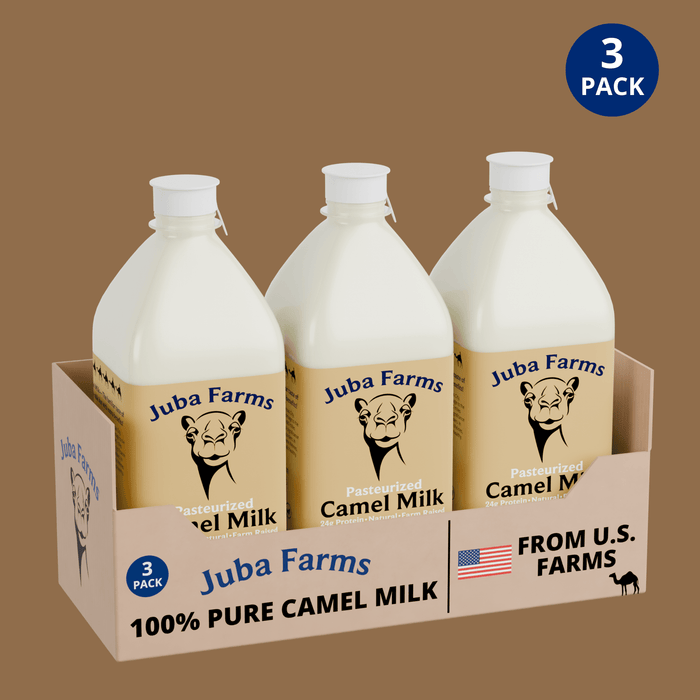 Three 1-liter bottles of pasteurized camel milk in a branded carton