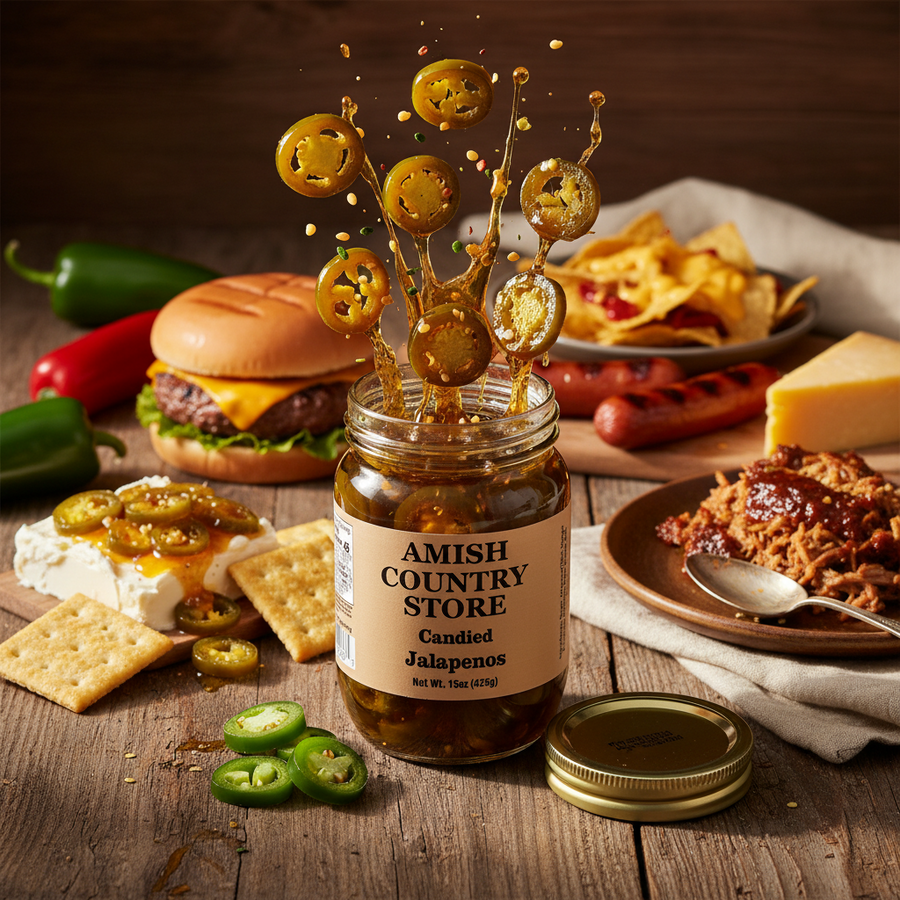 Candied Jalapeños package with serving suggestions in a styled food scene