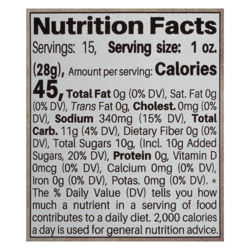 Nutrition facts label for Candied Jalapeños