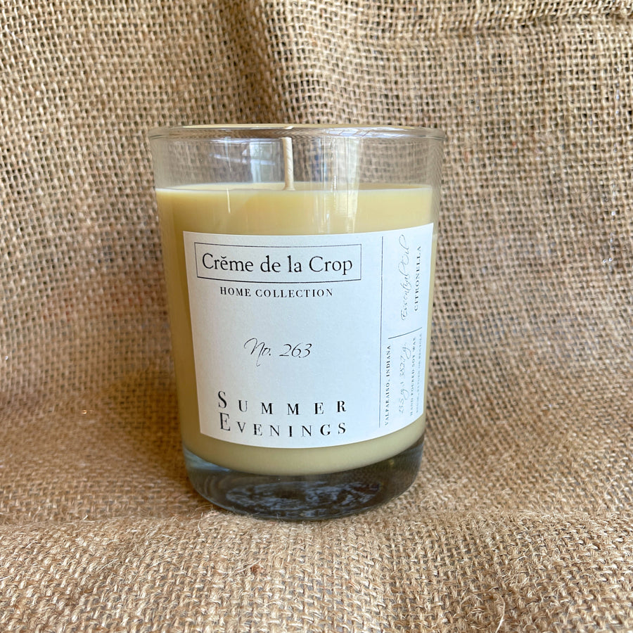 Summer Evenings citronella soy candle showing the side label