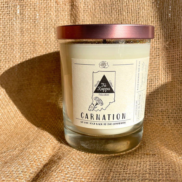 Tri Kappa Carnation Soy Candle glass container with its optional lid