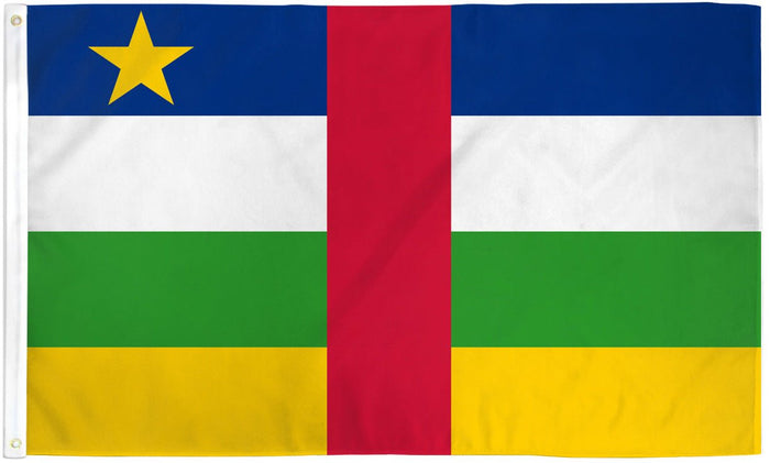 Central African Republic flag made in USA with blue white green yellow bands red stripe and star