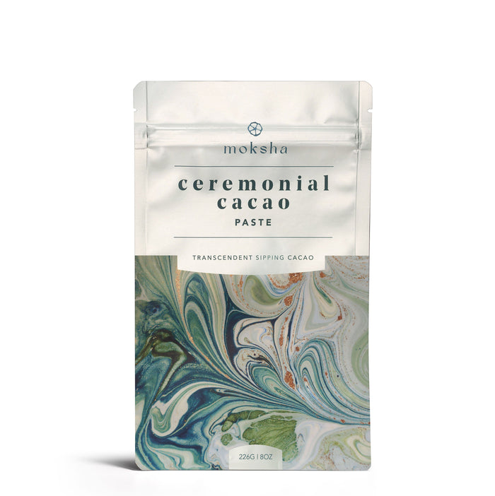 Front of the green 8 oz organic ceremonial cacao paste pouch