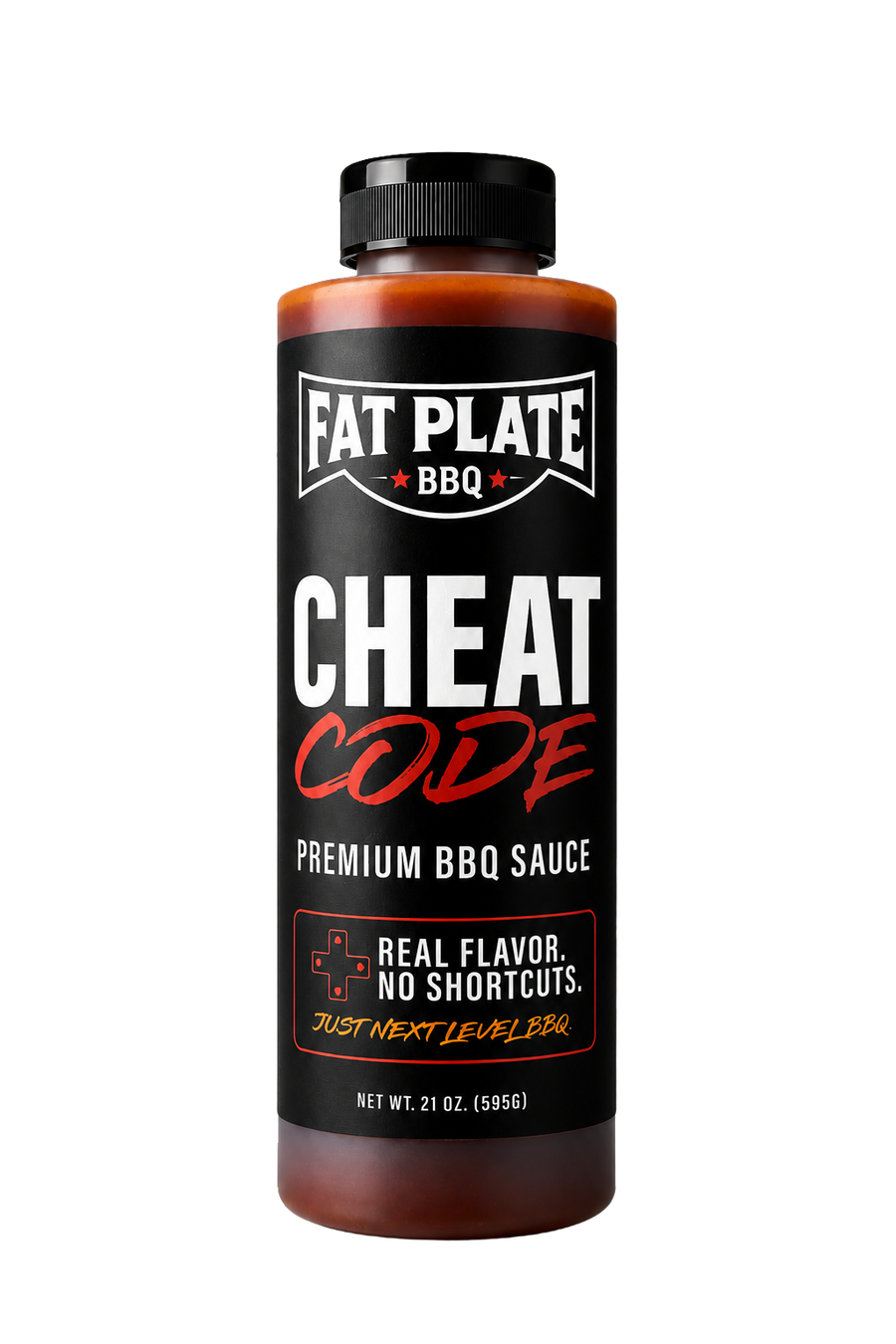 Cheat Code Premium BBQ Sauce in a 21 oz bottle with black cap
