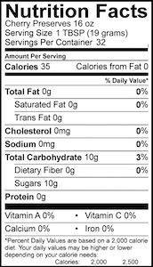 Nutrition Facts panel shown for cherry preserves, labeled 16 oz.