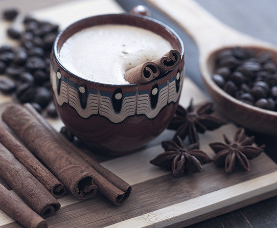 Serving suggestion: creamy coffee in a cup with cinnamon pictured beside it
