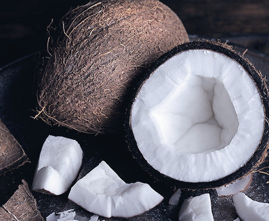 Coconut halves and pieces pictured as flavor inspiration for Coconut coffee