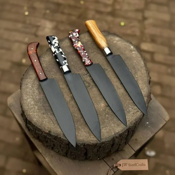 Black-blade chef knife with colorful handle options and leather sheath