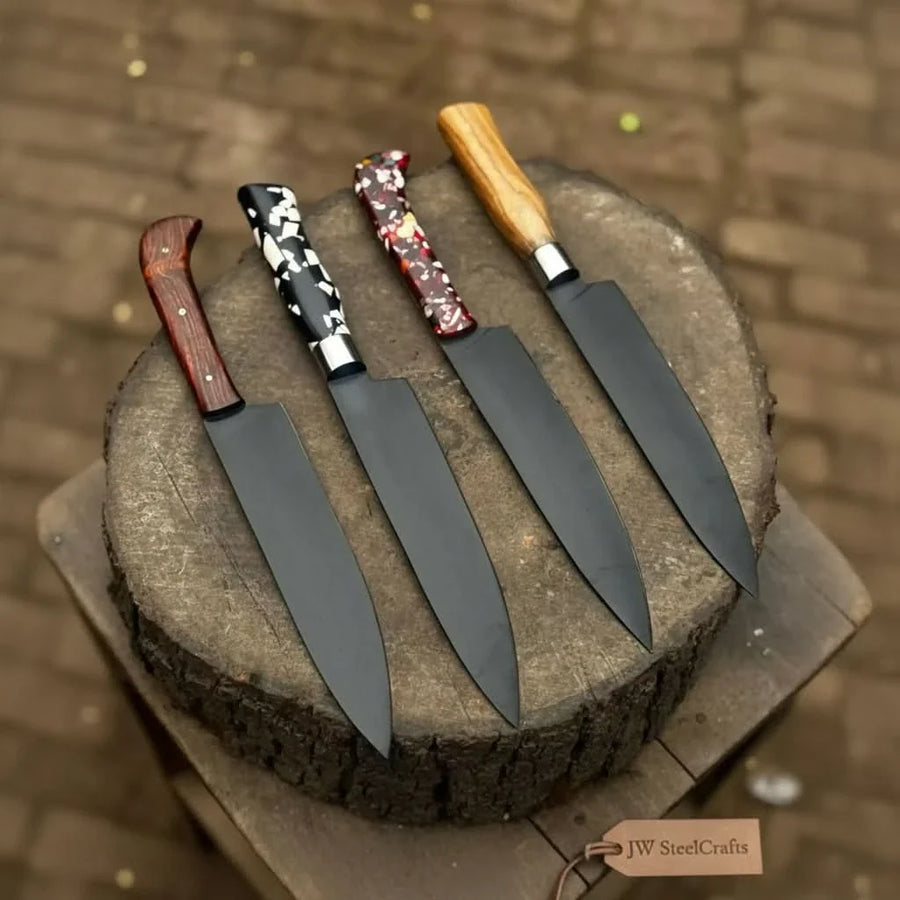 Black-blade chef knife with colorful handle options and leather sheath