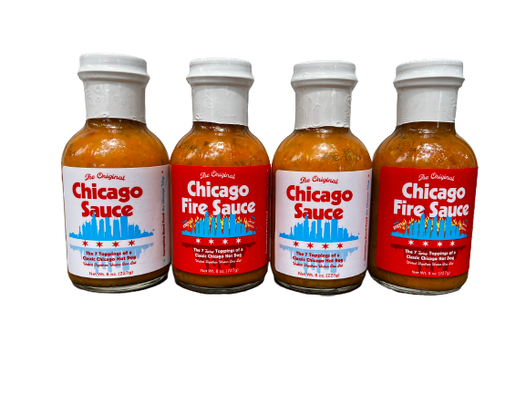 Two Original Chicago Sauce and two Chicago Fire Sauce bottles
