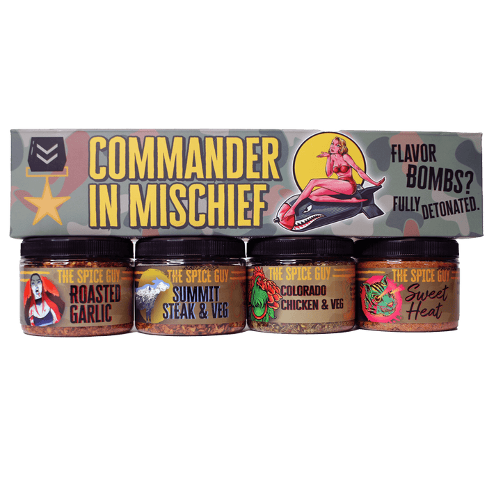 Commander in Mischief four-jar seasoning gift set with camouflage box