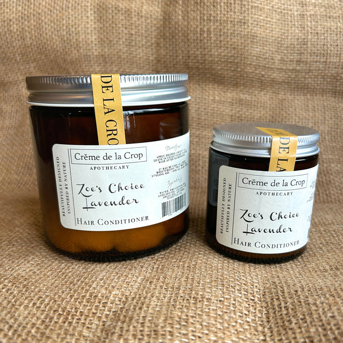 Two Zoe’s Choice lavender conditioner jars in different sizes