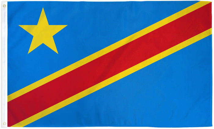Democratic Republic of the Congo flag made in USA with blue field red diagonal stripe and yellow star