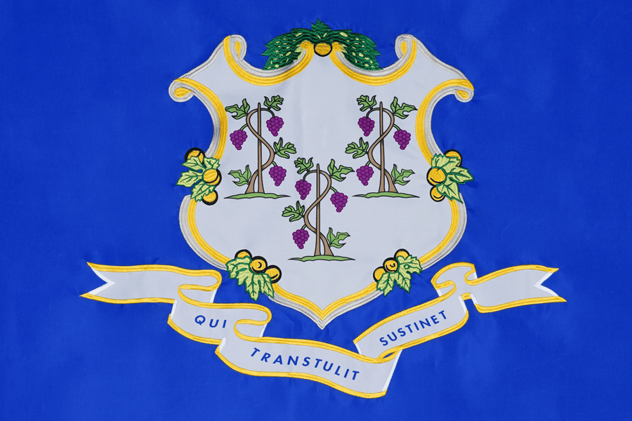 Connecticut state flag close-up with shield grapevines and motto
