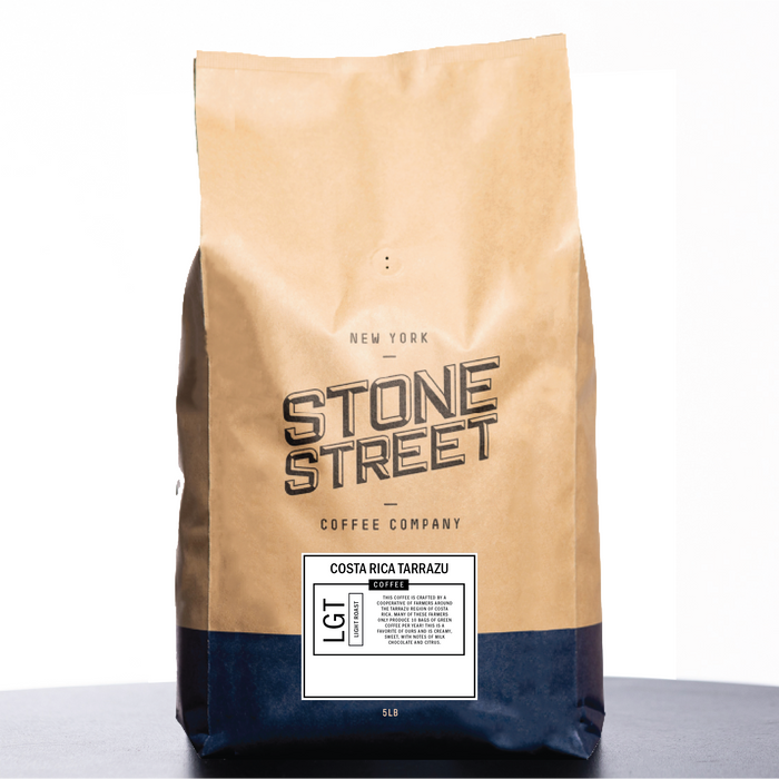 Front of the Stone Street Costa Rica Tarrazu coffee bag with its product label visible