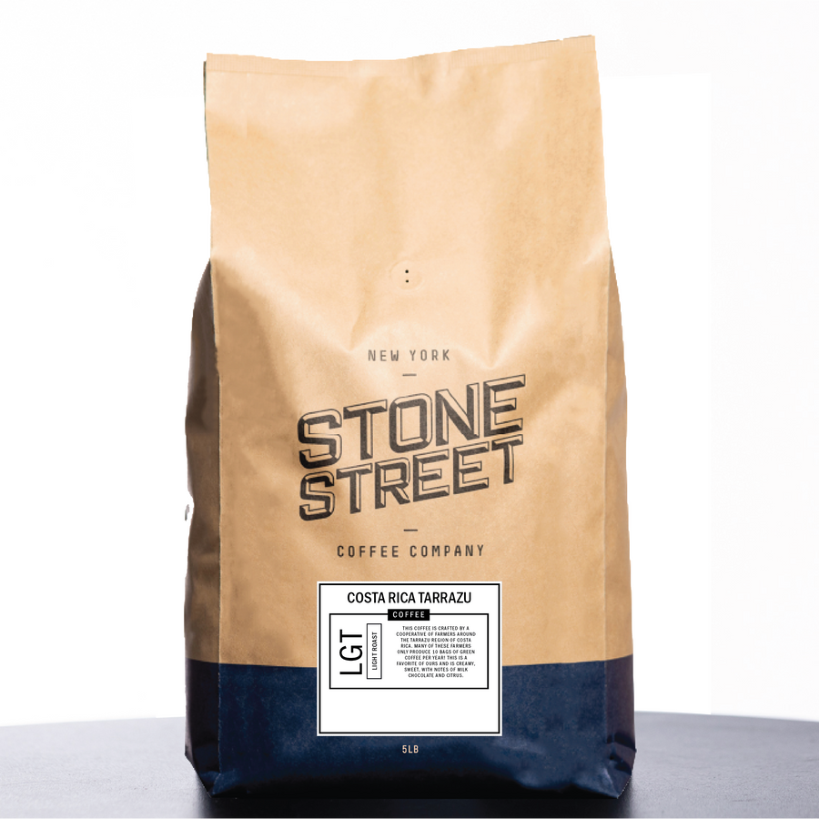 Front of the Stone Street Costa Rica Tarrazu coffee bag with its product label visible