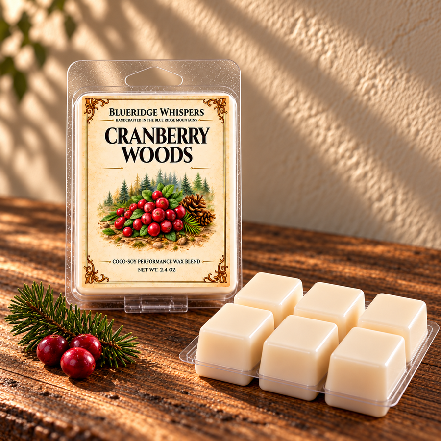 Cranberry Woods labeled wax melt pack and six cubes beside pine sprigs and cranberries