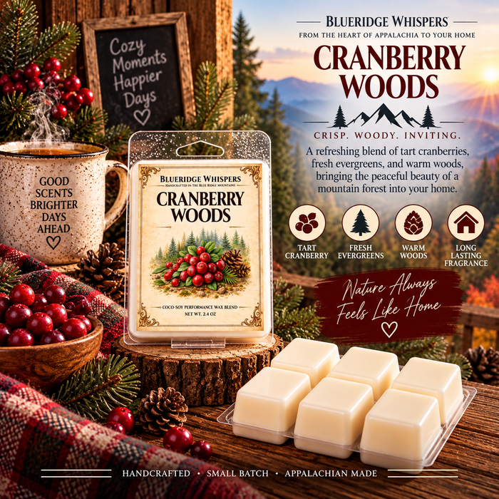 Cranberry Woods wax melt pack and cubes in a display with berries, evergreen branches, and candles