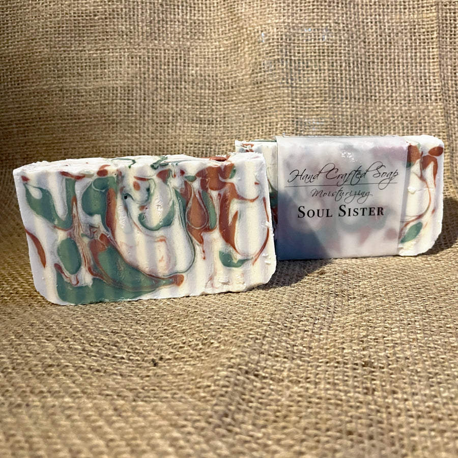 Soul Sister Bar Soap - Cranberry, Apple & Marmalade with its paper wrapper and hand-cut edges
