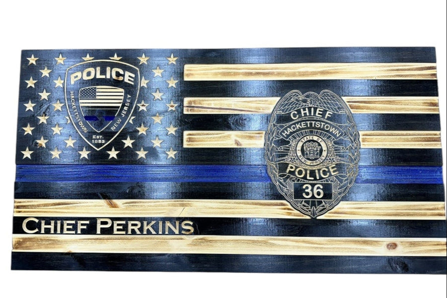 Wooden law enforcement flag with custom police badge engraving