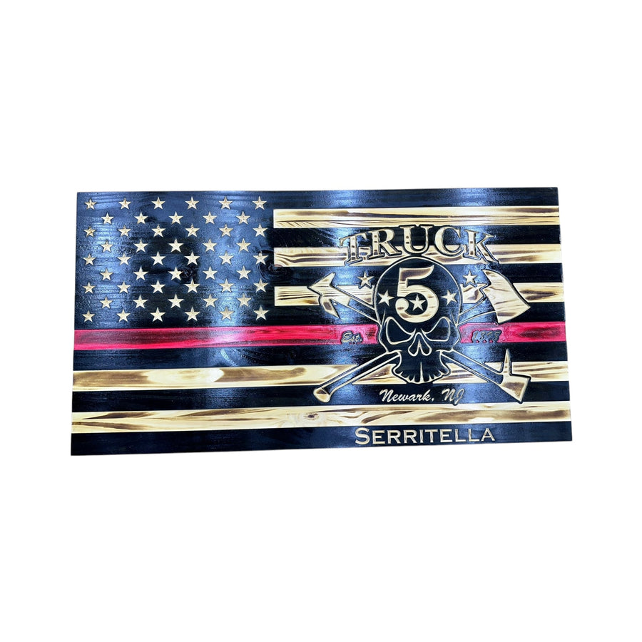 Custom Thin Red Line wooden firefighter flag with skull and crossed axes emblem