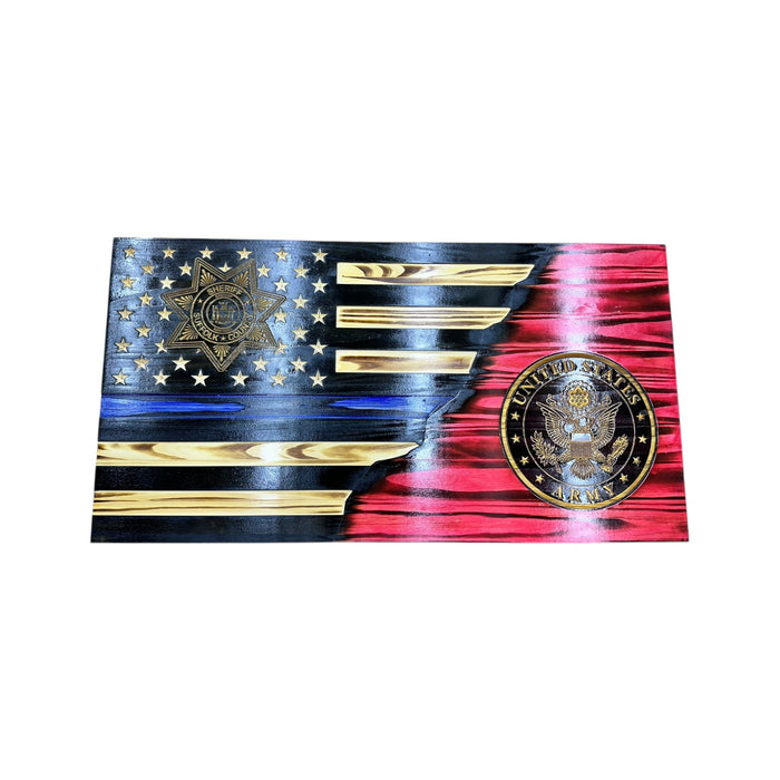 Personalized split wooden American flag with engraved badge, custom service details, and USA-made construction
