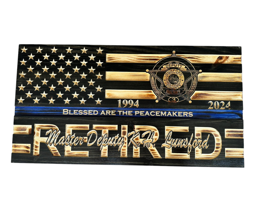 American-made personalized wooden flag for retirement ceremony