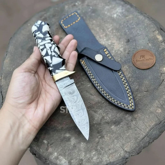 Seven-inch Damascus outdoor utility knife with decorative patterned blade and handle options