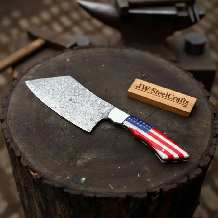 Damascus steel cleaver knife with American flag red, white and blue resin handle