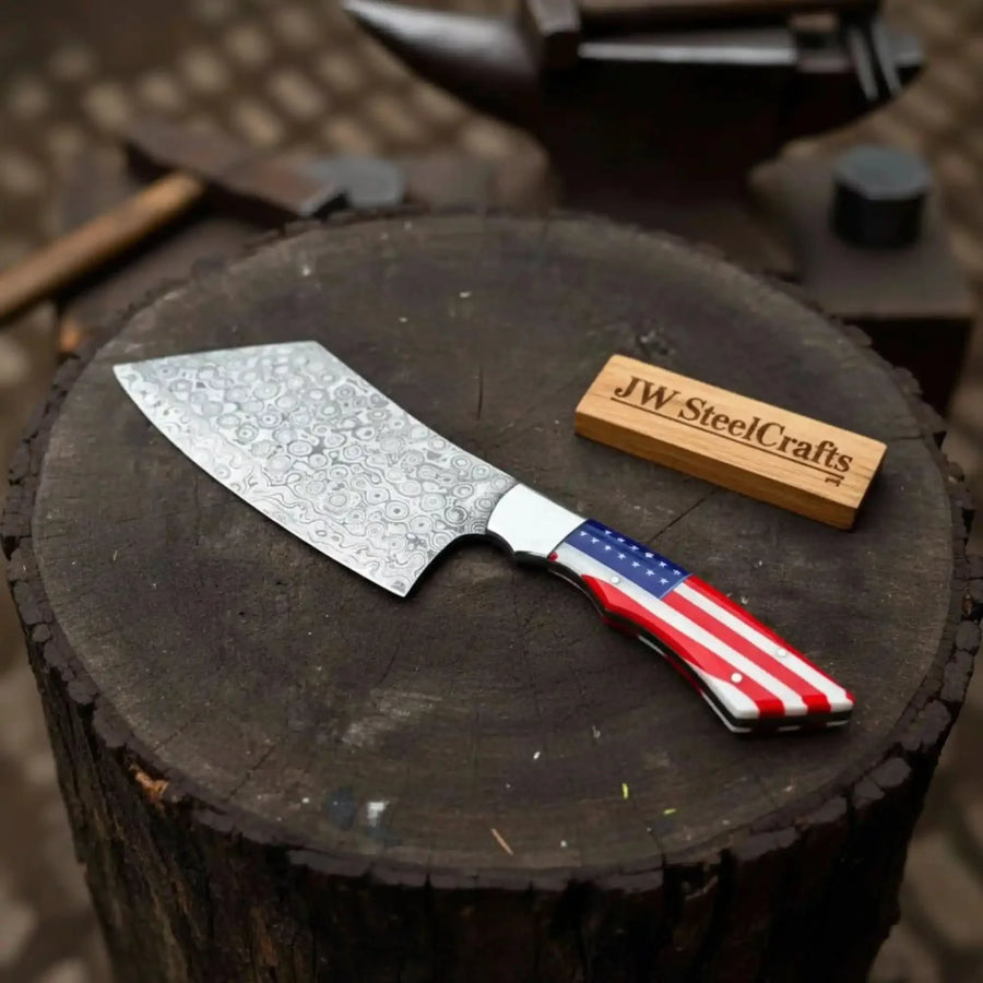 Damascus steel cleaver knife with American flag red, white and blue resin handle