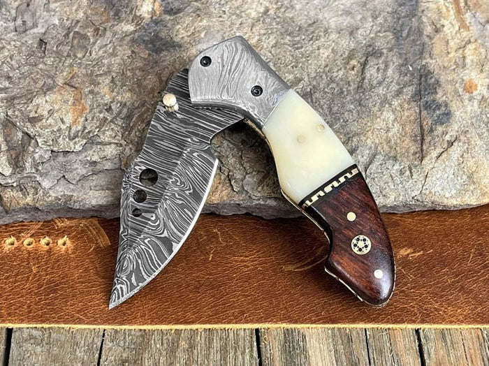 Damascus Pocket Knife, Camel Bone, Rosewood & Belt Clip