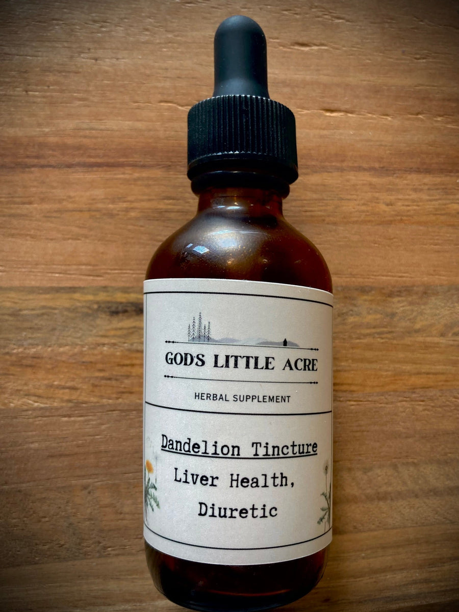 Dandelion Tincture in its amber glass bottle with dropper with supplier branding