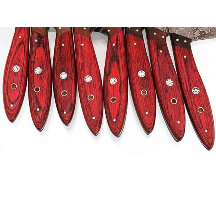 8-Piece Damascus Kitchen Knife Set – Red Pakka Wood & Leather Roll
