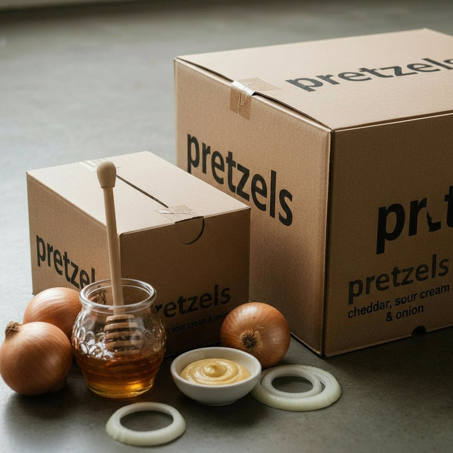 Hot Honey Mustard & Onion Sourdough Pretzel Bites, 12 oz - bulk boxes styled with mustard and onion
