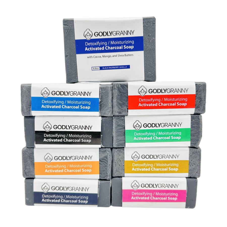 Assorted Activated Charcoal Soap with Cocoa, Mango & Shea Butters packages shown together