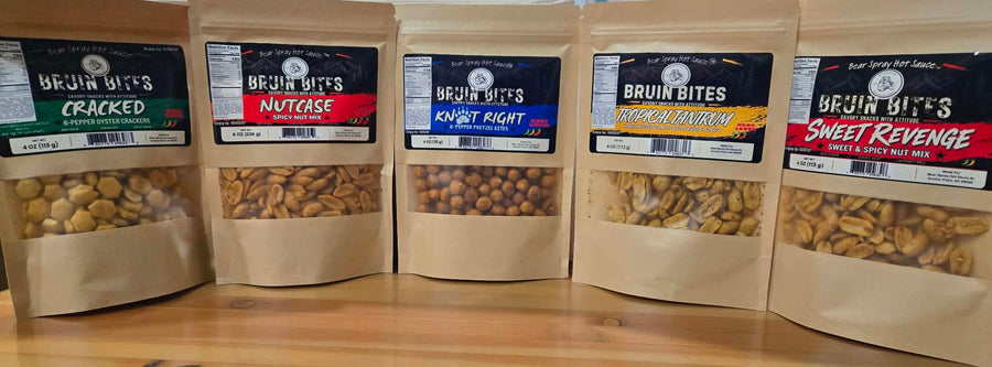 Bruin Bites snack assortment with Knot Right pretzel bites among five labeled pouches
