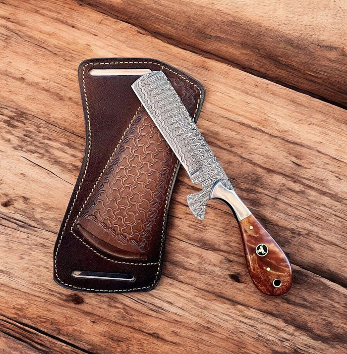 Handmade Bull Cutter Knife – Damascus Steel, Burn Bone Handle