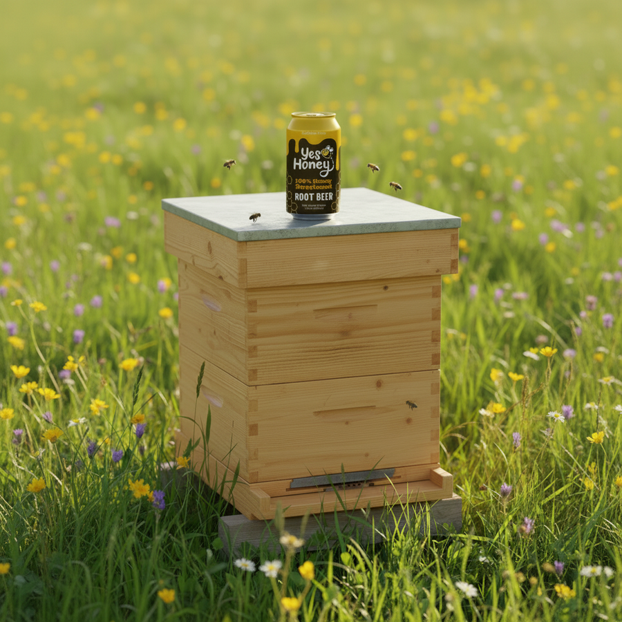 Yes Honey Root Beer can on a beehive outdoors