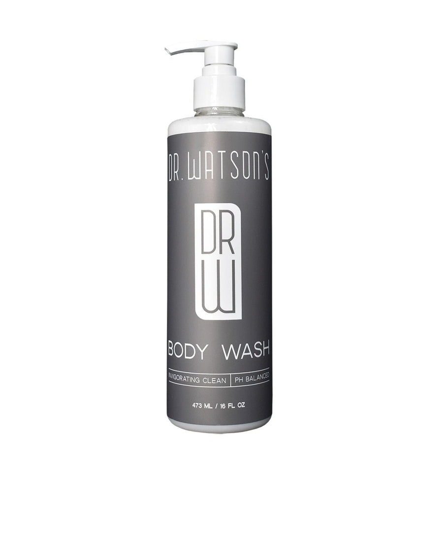 Dr. Watson's body wash bottle shown for the trio