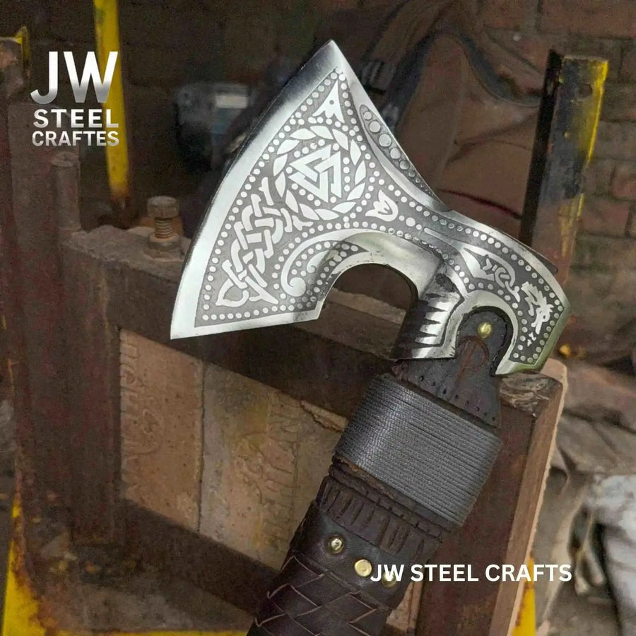 Viking Style Engraved Axe | Handcrafted Leather Wrapped Handle
