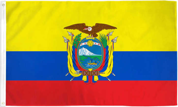 Ecuador flag made in USA with yellow blue red bands and national coat of arms
