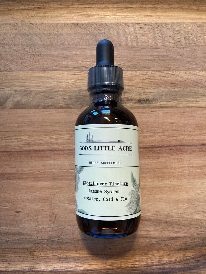 Elderflower Tincture in its amber glass bottle with dropper with supplier branding