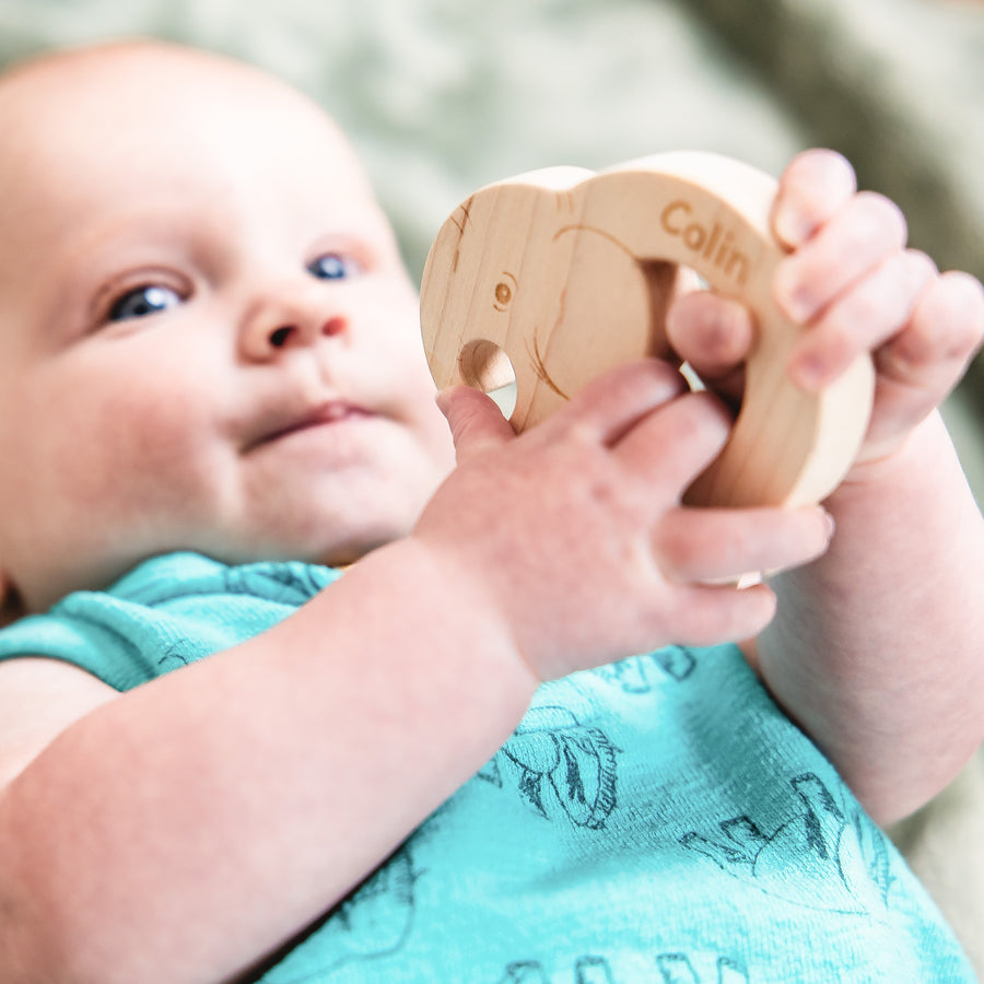 Baby holding a wooden animal-shaped teether