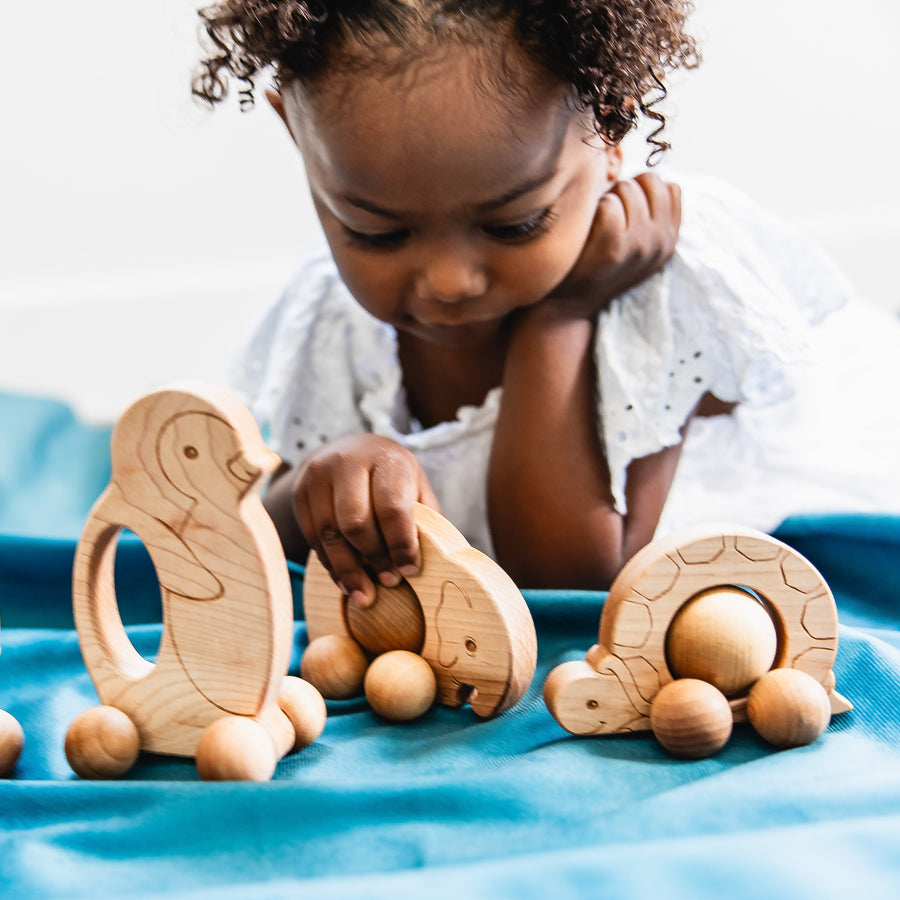 Children exploring wooden animal push toys with spherical wheels