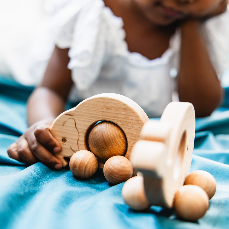 Children exploring wooden animal push toys with spherical wheels
