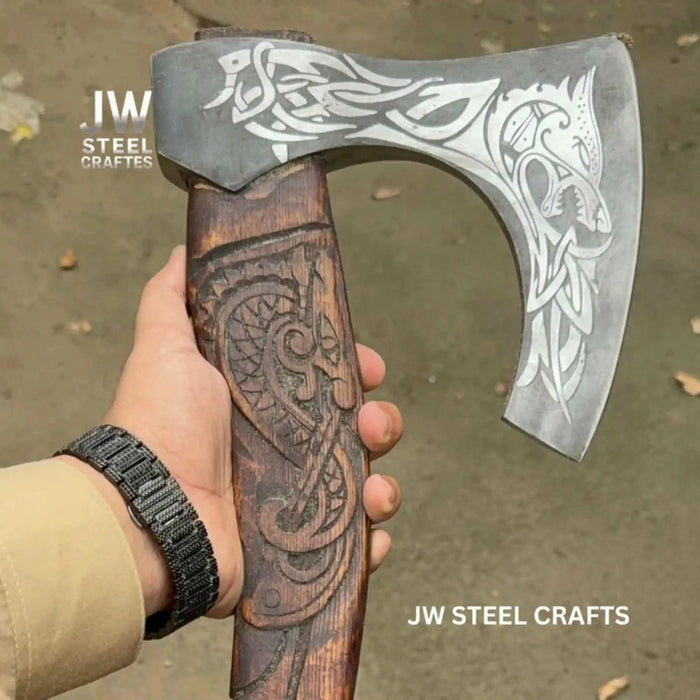 Hand-Engraved Viking Bearded Axe with Carved Hardwood Handle – Damascus Steel Blade | JW SteelCrafts