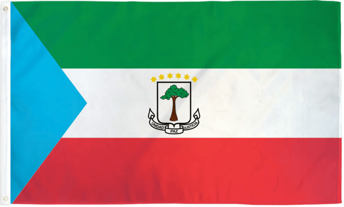 Equatorial Guinea flag made in USA with green white red bands blue triangle and coat of arms